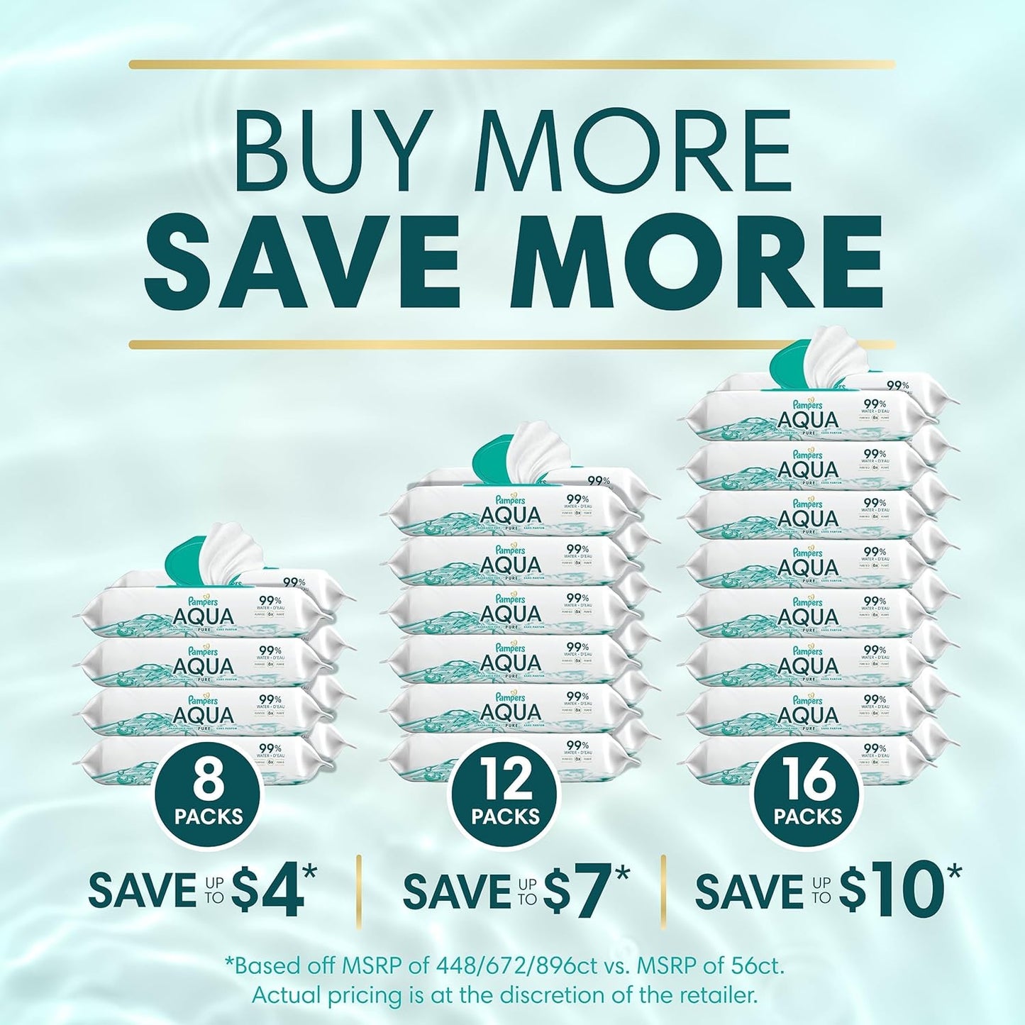 Pampers Aqua Pure Baby Wipes, 99% Water, Fragrance Free, Unscented, Water Based, Multi-Use, 336 Wipes Total (6X Flip-Top Packs) [Packaging May Vary]