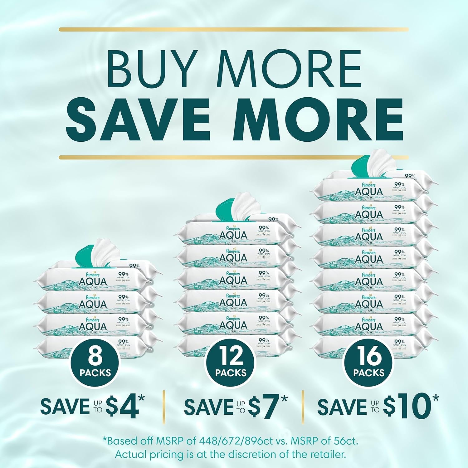 Pampers Aqua Pure Baby Wipes, 99% Water, Fragrance Free, Unscented, Water Based, Multi-Use, 336 Wipes Total (6X Flip-Top Packs) [Packaging May Vary]