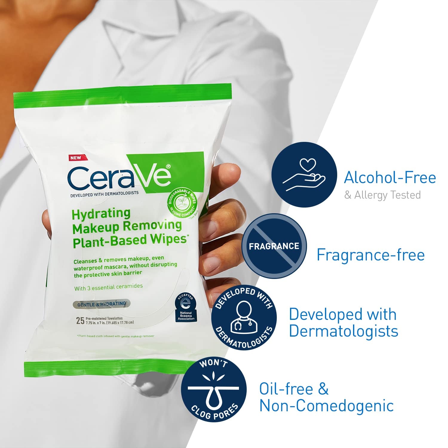 CeraVe plant-based makeup remover wipes package front with dermatologist info and product benefits.