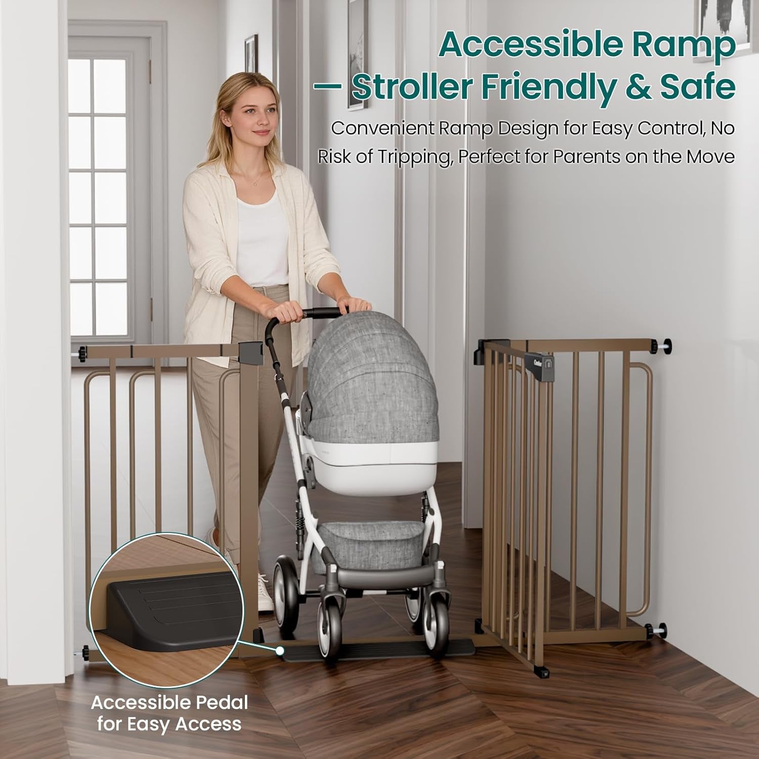 Cumbor 30.4-56.8" Extra Wide Baby Gate for Stairs, Dual Lock & Self-Closing Dog Gate Indoor, Easy Install Pet Gate for Doorways & Wide Openings, Easy Walk Thru Safety Proofing for Babies & Pets, Brown