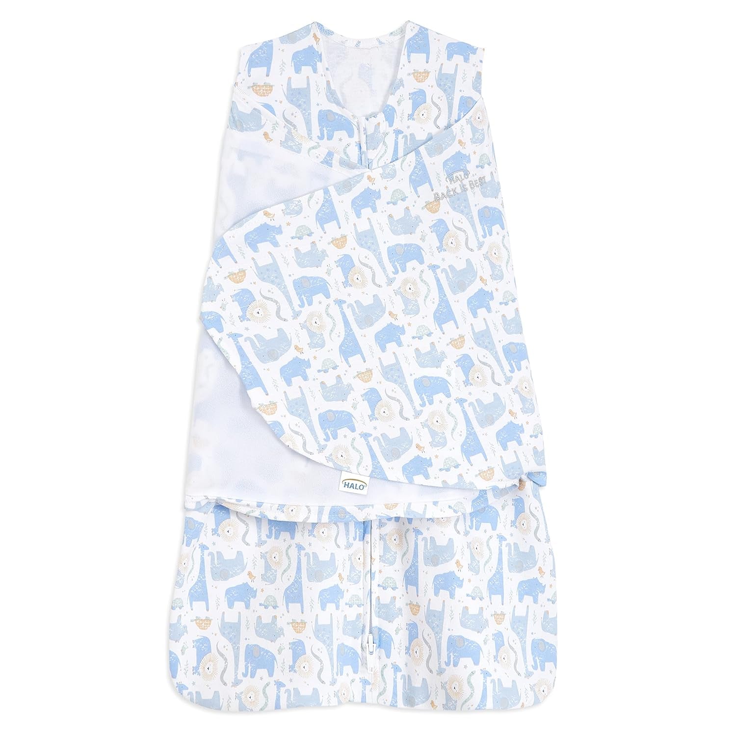 HALO 100% Cotton Sleepsack Swaddle, 3-Way Adjustable Wearable Blanket, TOG 1.5, Blue Safari, Newborn, 0-3 Months