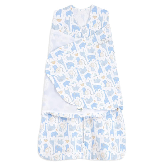 HALO 100% Cotton Sleepsack Swaddle, 3-Way Adjustable Wearable Blanket, TOG 1.5, Blue Safari, Newborn, 0-3 Months