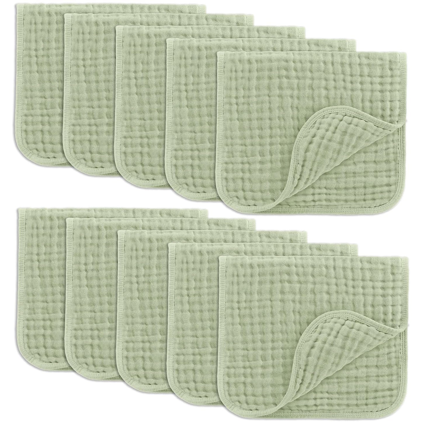 Comfy Cubs Muslin Burp Cloths 20" X 10", Pack of 10 - Large, 6-Layer, Ultra Absorbent 100% Cotton for Baby Drool and Messes - Soft, Safe & Gentle Baby Burp Cloths for Boys & Girls - Sage
