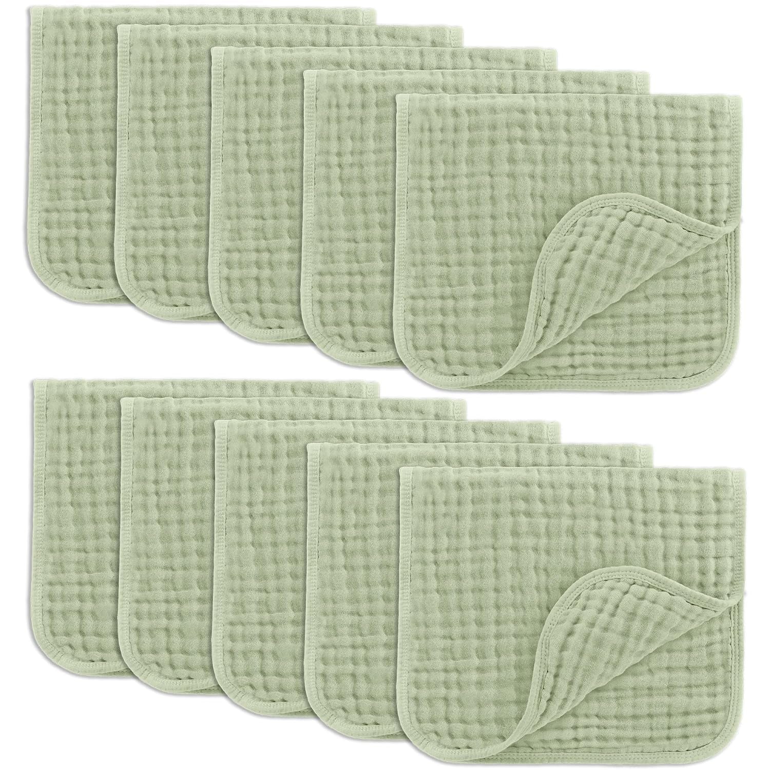 Comfy Cubs Muslin Burp Cloths 20" X 10", Pack of 10 - Large, 6-Layer, Ultra Absorbent 100% Cotton for Baby Drool and Messes - Soft, Safe & Gentle Baby Burp Cloths for Boys & Girls - Sage