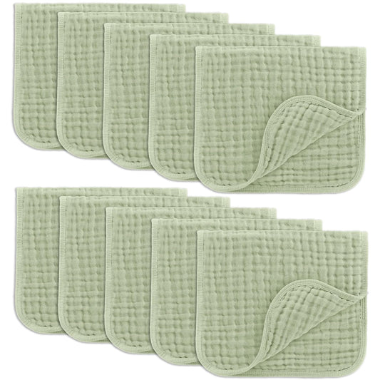 Comfy Cubs Muslin Burp Cloths 20" X 10", Pack of 10 - Large, 6-Layer, Ultra Absorbent 100% Cotton for Baby Drool and Messes - Soft, Safe & Gentle Baby Burp Cloths for Boys & Girls - Sage