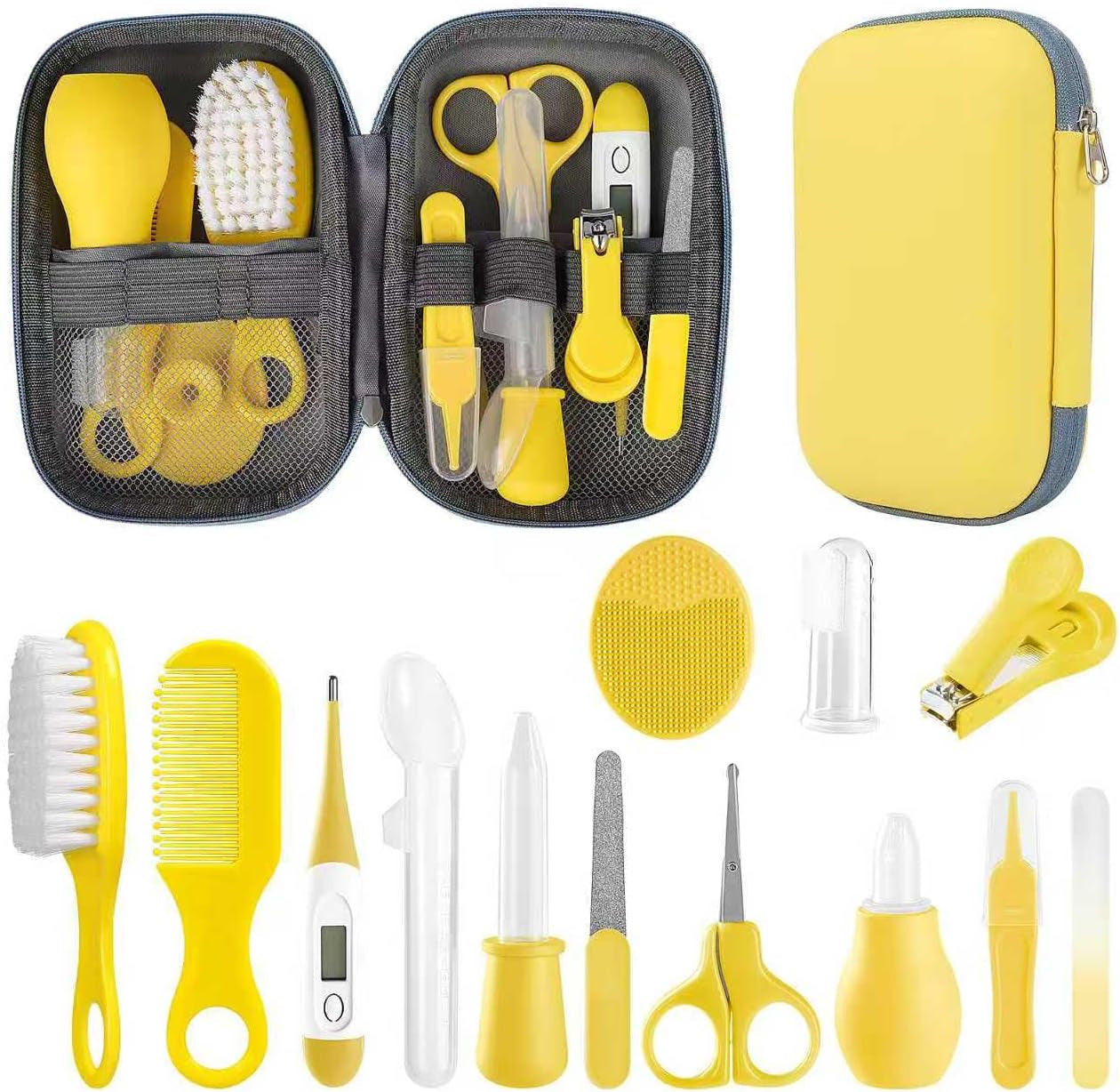 14 in 1 baby grooming essentials kit in yellow, including brushes, clippers, and aspirator in a portable case.