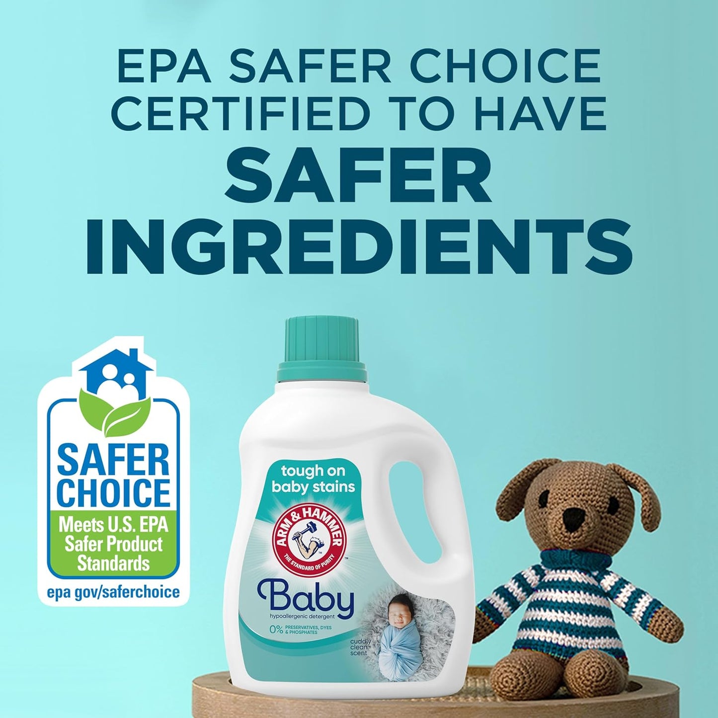 Hypoallergenic baby laundry detergent bottle with safety certification for gentle cleaning on baby stains.