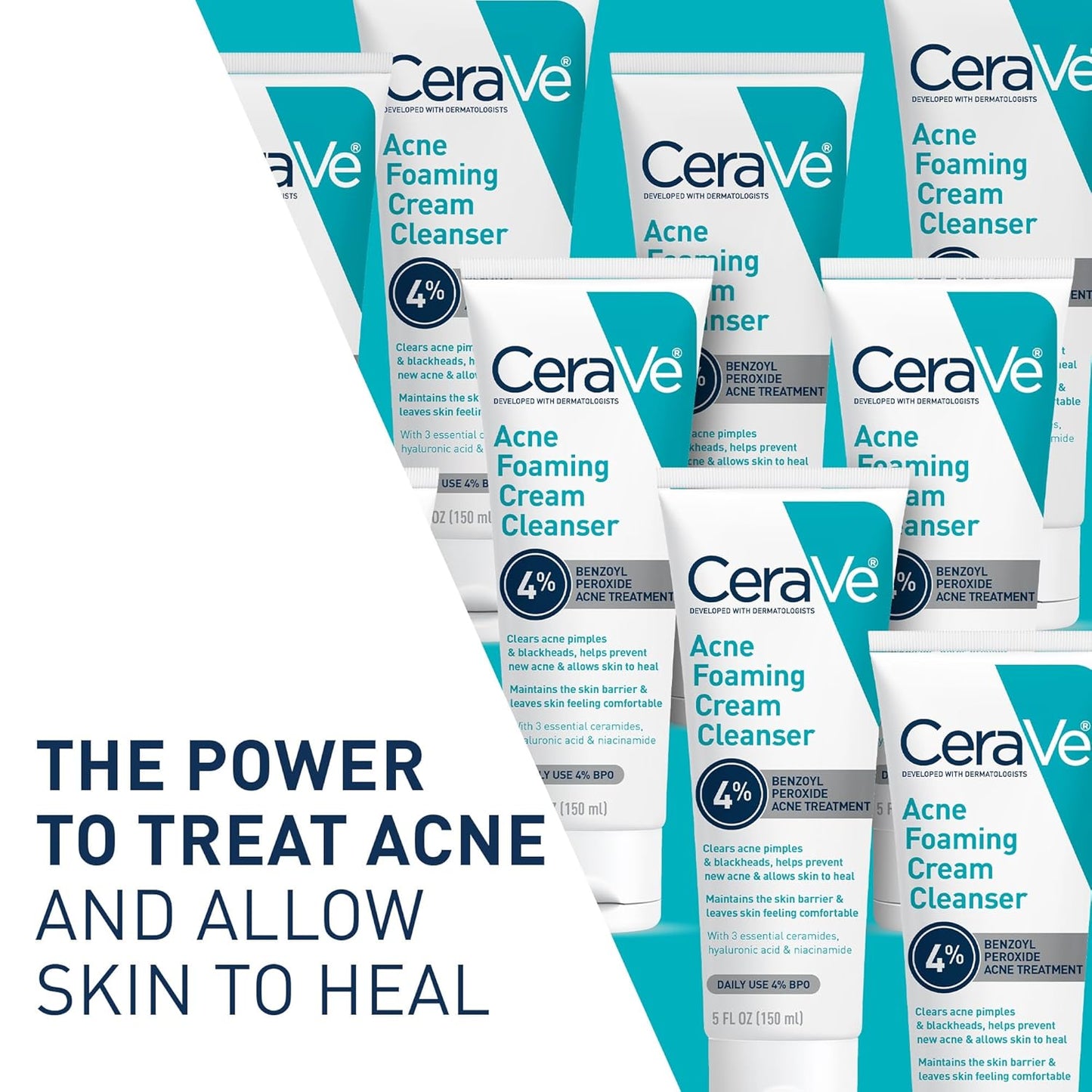 CeraVe acne foaming face wash packaging featuring 4% Benzoyl Peroxide for treating and preventing acne breakouts.