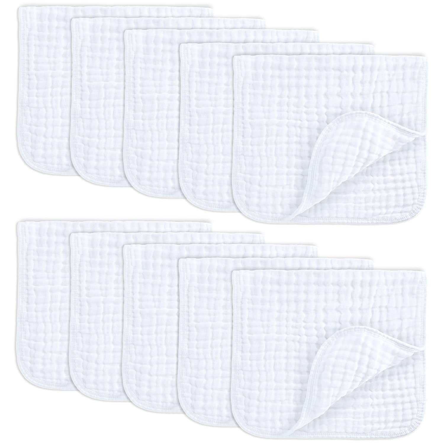 Comfy Cubs Muslin Burp Cloths 20" X 10", Pack of 10 - Large, 6-Layer, Ultra Absorbent 100% Cotton for Baby Drool and Messes - Soft, Safe & Gentle Baby Burp Cloths for Boys & Girls - White