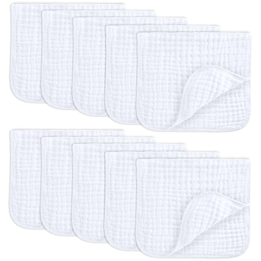 Comfy Cubs Muslin Burp Cloths 20" X 10", Pack of 10 - Large, 6-Layer, Ultra Absorbent 100% Cotton for Baby Drool and Messes - Soft, Safe & Gentle Baby Burp Cloths for Boys & Girls - White