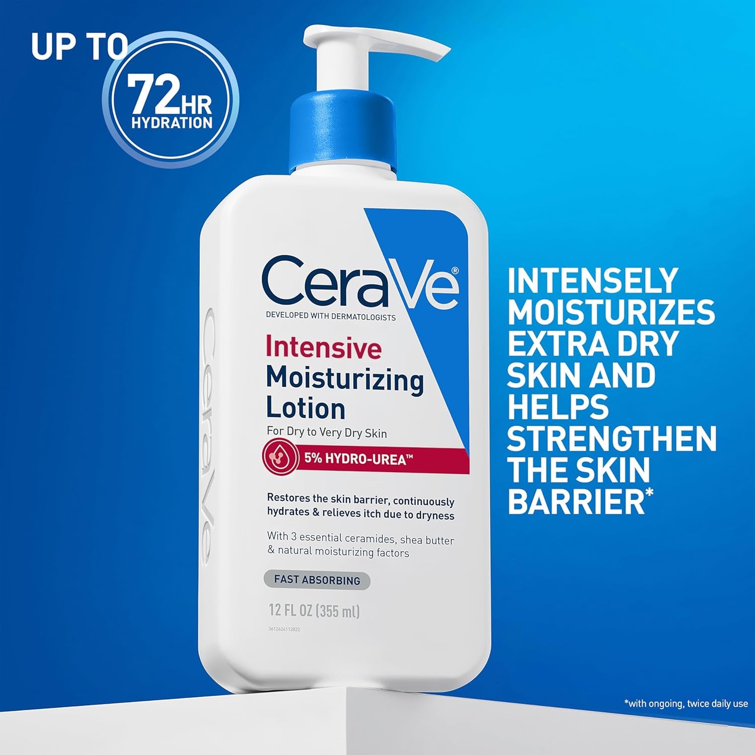 CeraVe intensive moisturizing lotion for dry skin in a 12 oz bottle, designed for intense hydration and skin barrier support.