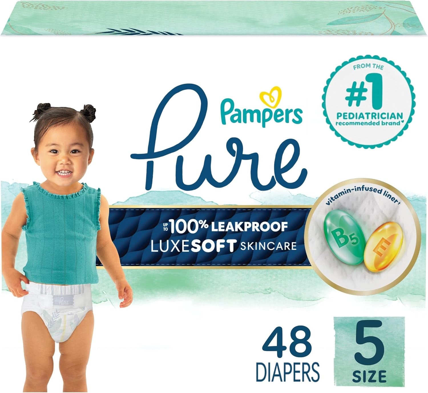 Pampers Pure Baby Diapers, Size 5 (27+ Lbs), 48, up to 100% Leakproof, Premium Hypoallergenic Soft Diapers