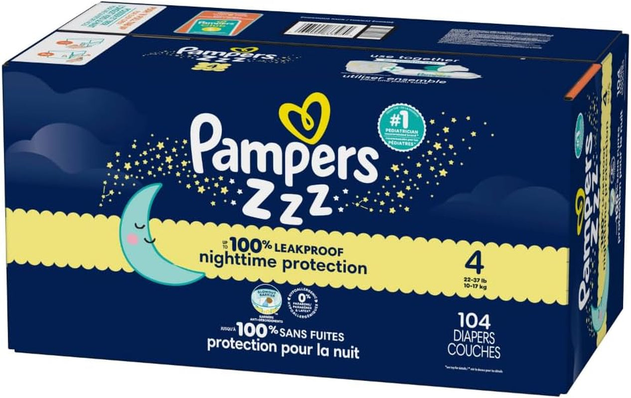 Pampers ZZZ Overnight Diapers, Size 4 (22-37 Lbs), 104 Count, Nighttime Protection Disposable Baby Diaper, Night Time Leak and Skin Protection