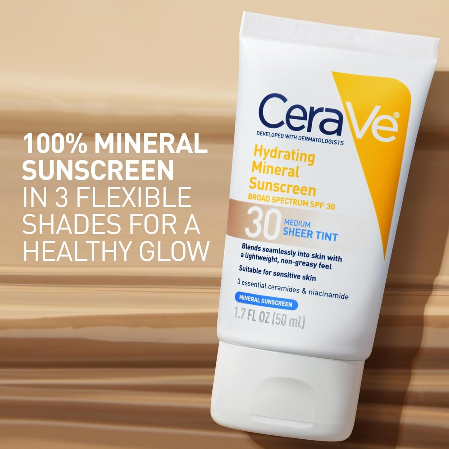 CeraVe Hydrating Tinted Mineral Sunscreen SPF 30 in three flexible shades for a healthy glow and seamless blending.