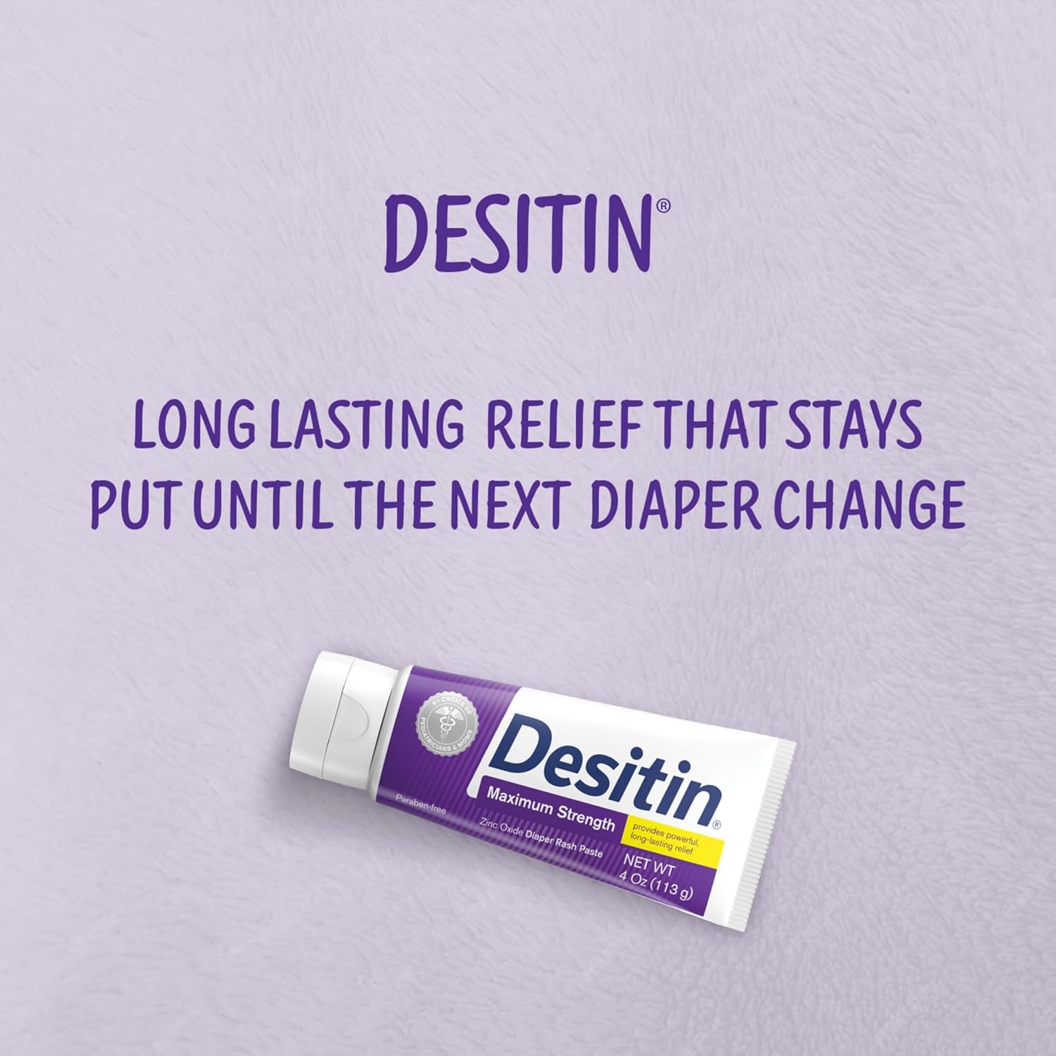 Desitin Maximum Strength Diaper Rash Cream tube on a soft background, providing maximum strength diaper rash cream relief.
