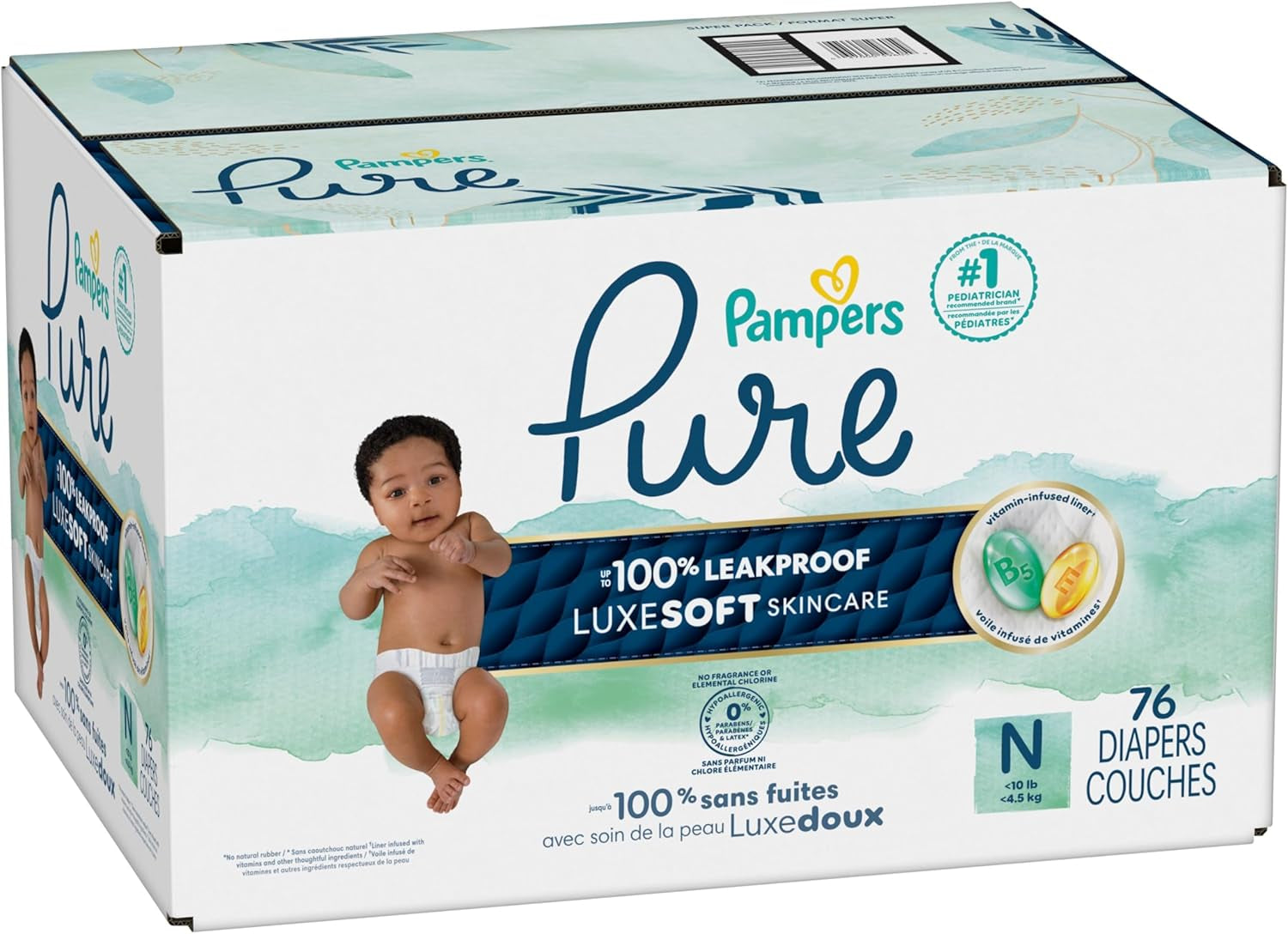 Pampers Pure Baby Diapers, Size 0 (>10 Lbs), 76, up to 100% Leakproof, Premium Hypoallergenic Soft Diapers