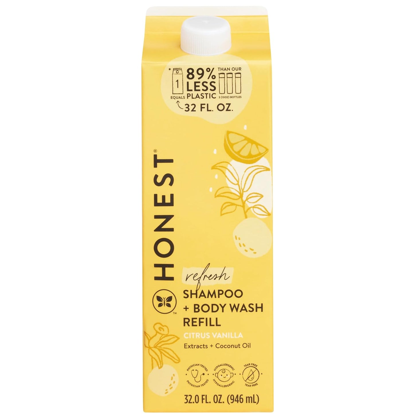 The Honest Company 2-In-1 Cleansing Shampoo Body Wash Refill Carton, Gentle for Baby, Naturally Derived, Tear-Free, Hypoallergenic, Citrus Vanilla Refresh, 32 Fl Oz