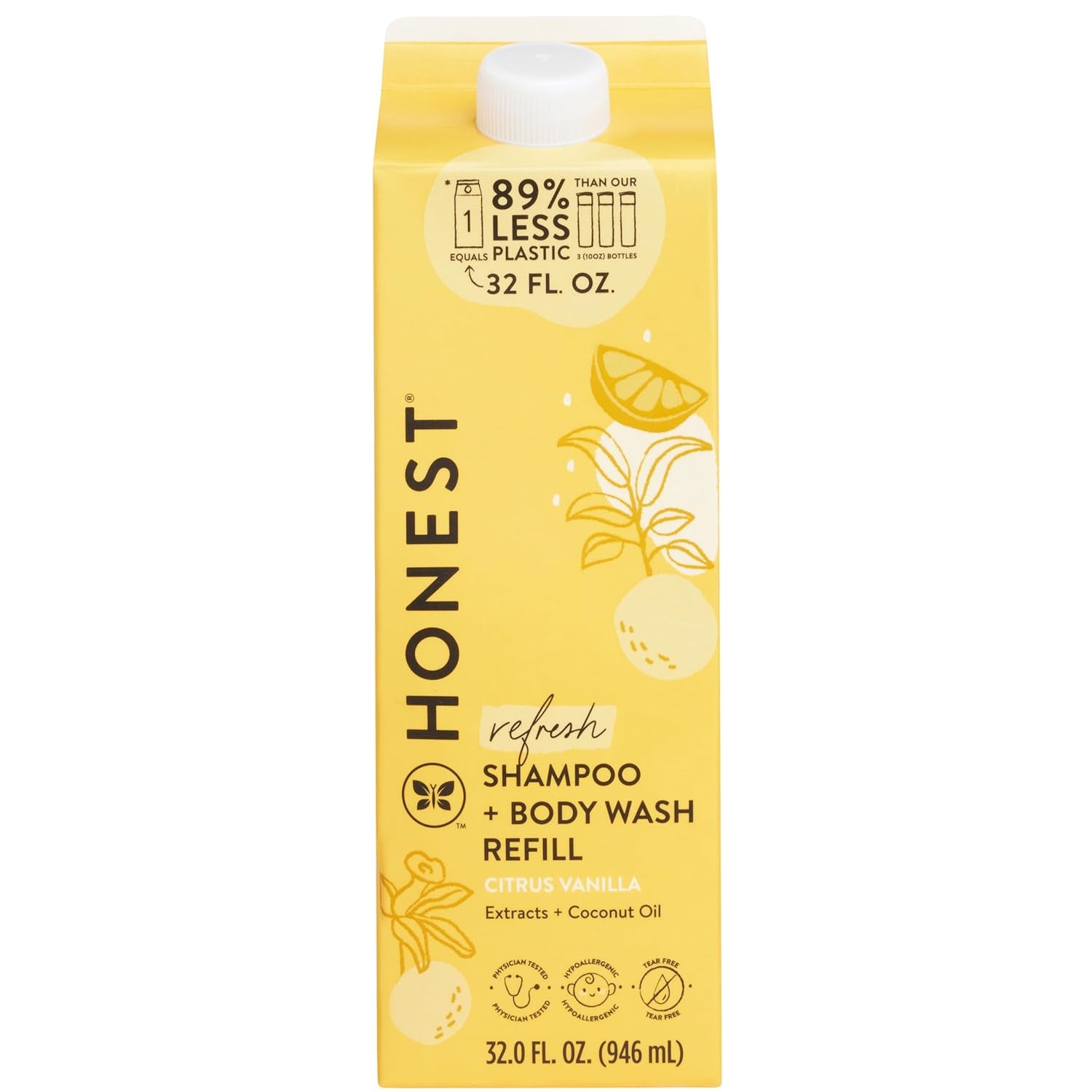 The Honest Company 2-In-1 Cleansing Shampoo Body Wash Refill Carton, Gentle for Baby, Naturally Derived, Tear-Free, Hypoallergenic, Citrus Vanilla Refresh, 32 Fl Oz