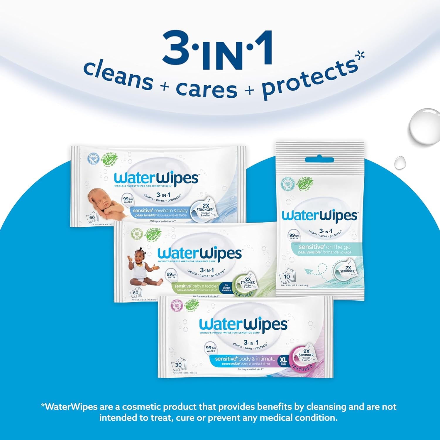 Waterwipes Sensitive+ Newborn & Baby Wipes, 3-In-1 Cleans, Cares, Protects, 99.9% Water, Unscented & Hypoallergenic, 540 Count (9 Packs)
