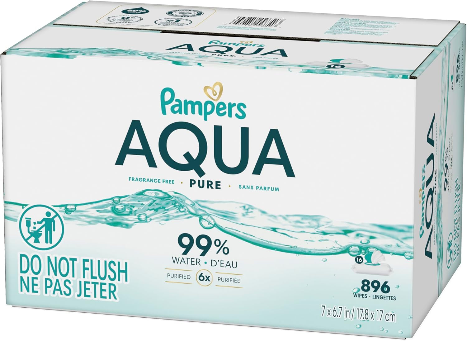 Pampers Aqua Pure Baby Wipes, 99% Water, Fragrance Free, Unscented, Water Based, Multi-Use, 896 Wipes Total (16X Flip-Top Packs) [Packaging May Vary]