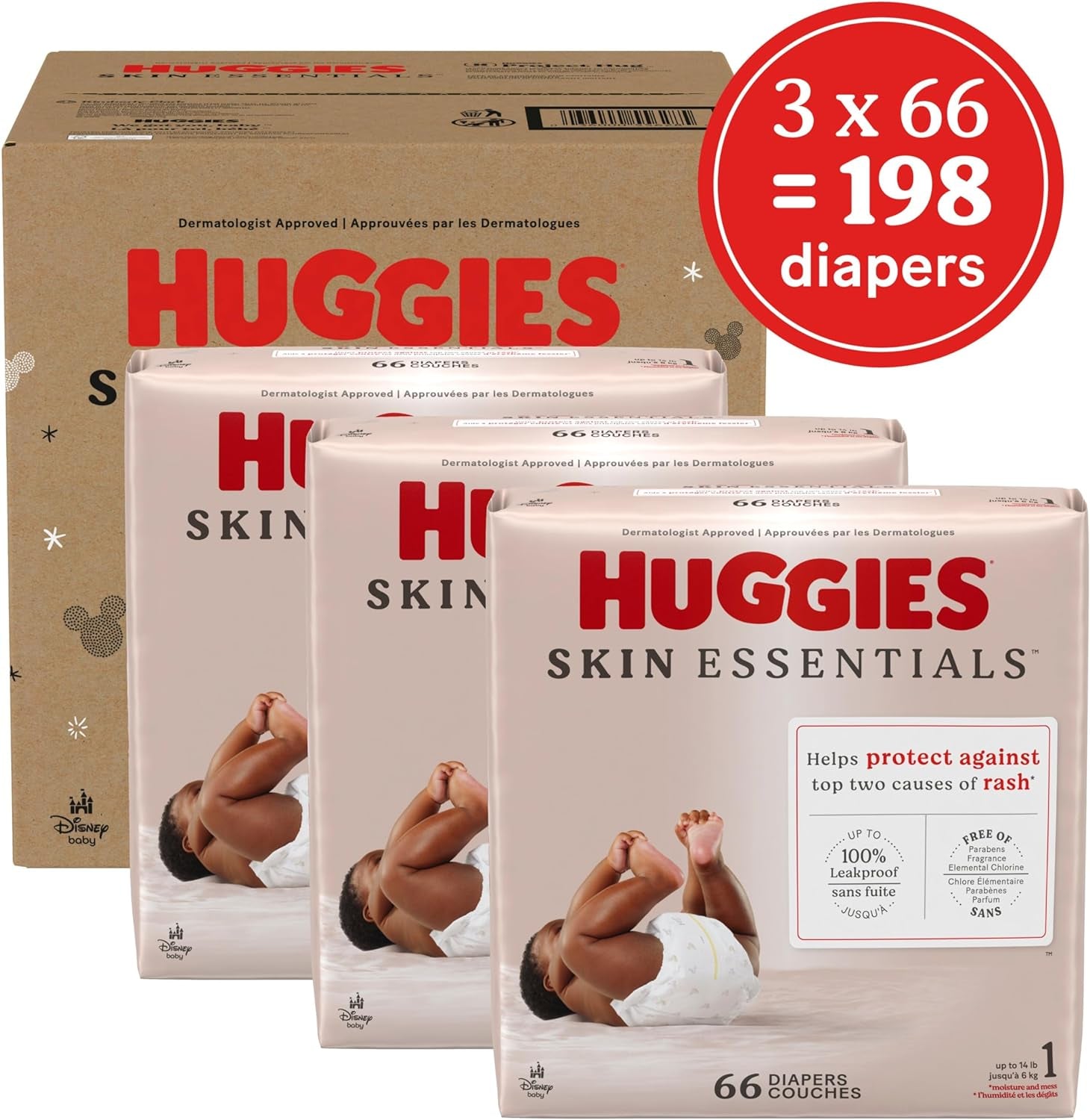 Huggies Size 1 Diapers, Skin Essentials Baby Diapers, Size 1 (8-14 Lbs), 198 Count (3 Packs of 66)