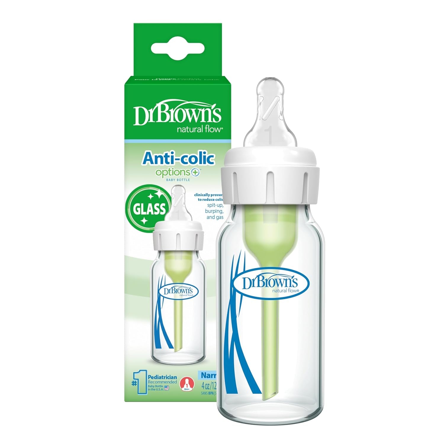 Dr. Brown'S Anti-Colic Options+ Narrow Glass Baby Bottle with Level 1 Slow Flow Nipple, Bpa-Free, 4 Oz/120Ml, 0M+, 1-Pack (Packaging May Vary)