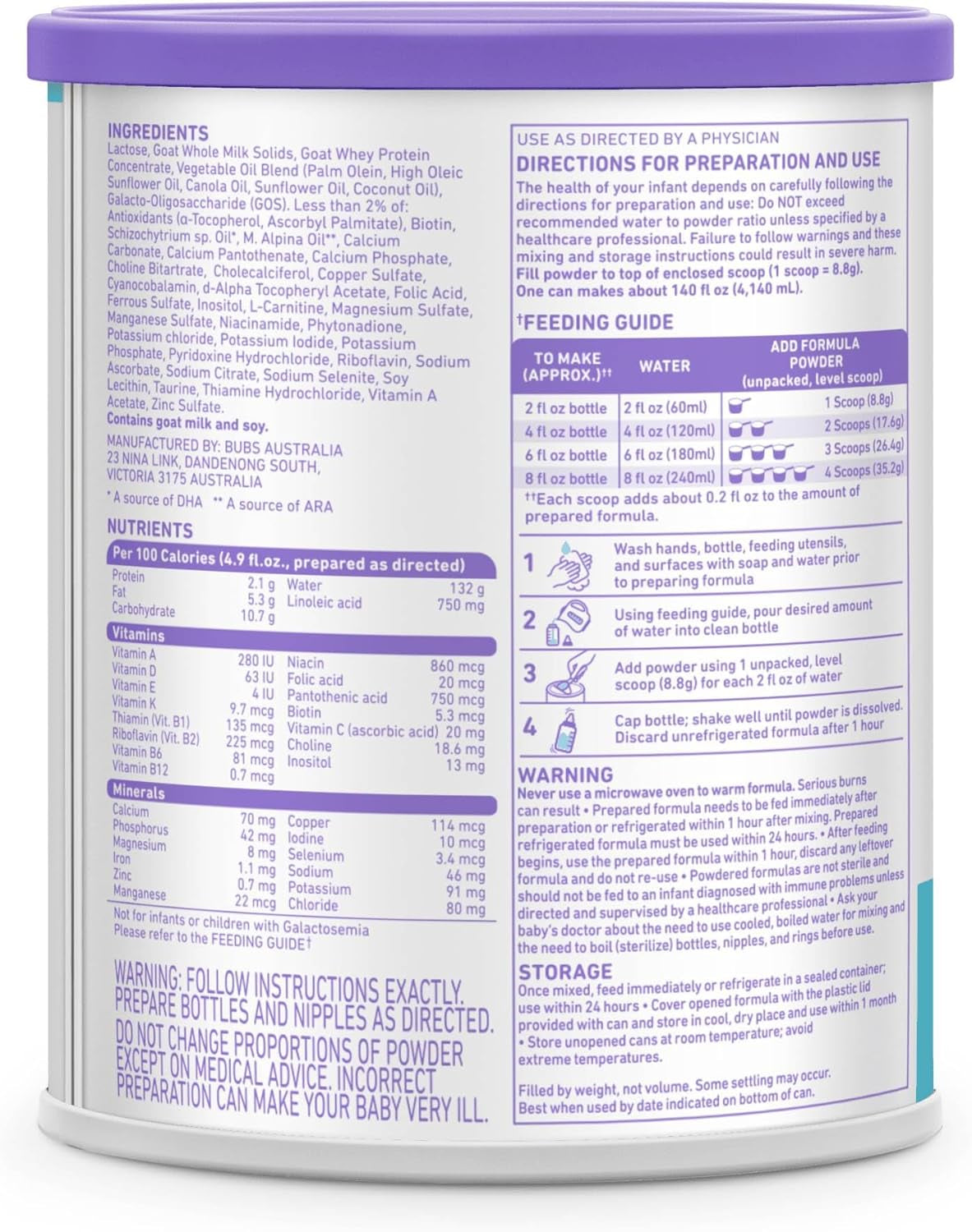 Bubs Whole Goat Milk Formula with Iron, Goat Milk-Based Powder, for Infants 0-12 Months, Made with Non-Gmo Goat Milk, 20 Oz