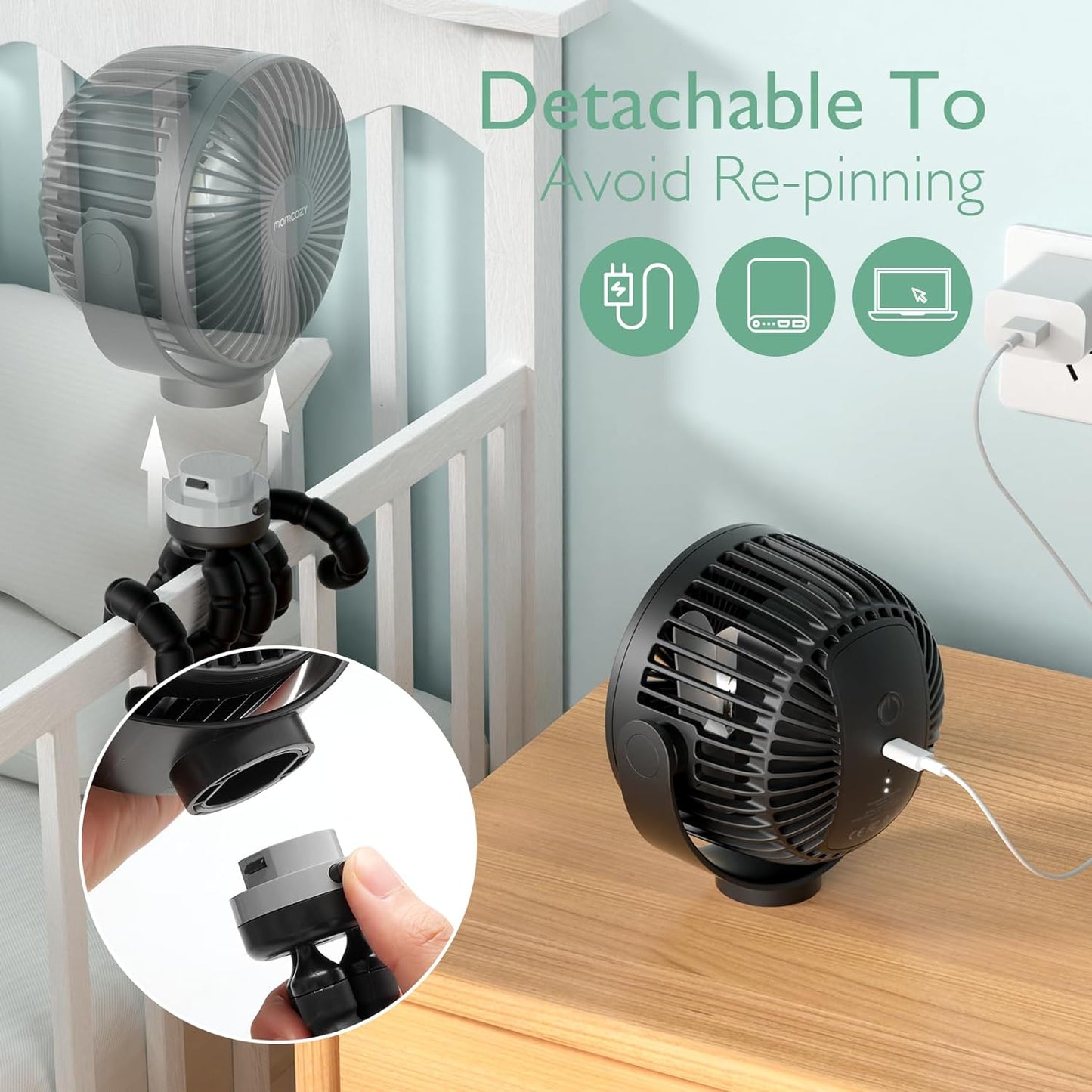 Momcozy 8000Mah Portable Stroller Fan, 27H Ultra-Long Battery Life Detachable 4 Speed 360°Rotate LED Night Light with 2 Modes, USB Rechargeable Handheld Cooling Fan for Travel/Car Seat/Bedroom