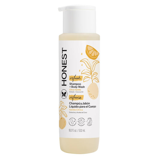 The Honest Company 2-In-1 Cleansing Shampoo Body Wash Gentle for Baby Naturally Derived, Tear-Free, Hypoallergenic, Citrus Vanilla Refresh, 18 Fl Oz