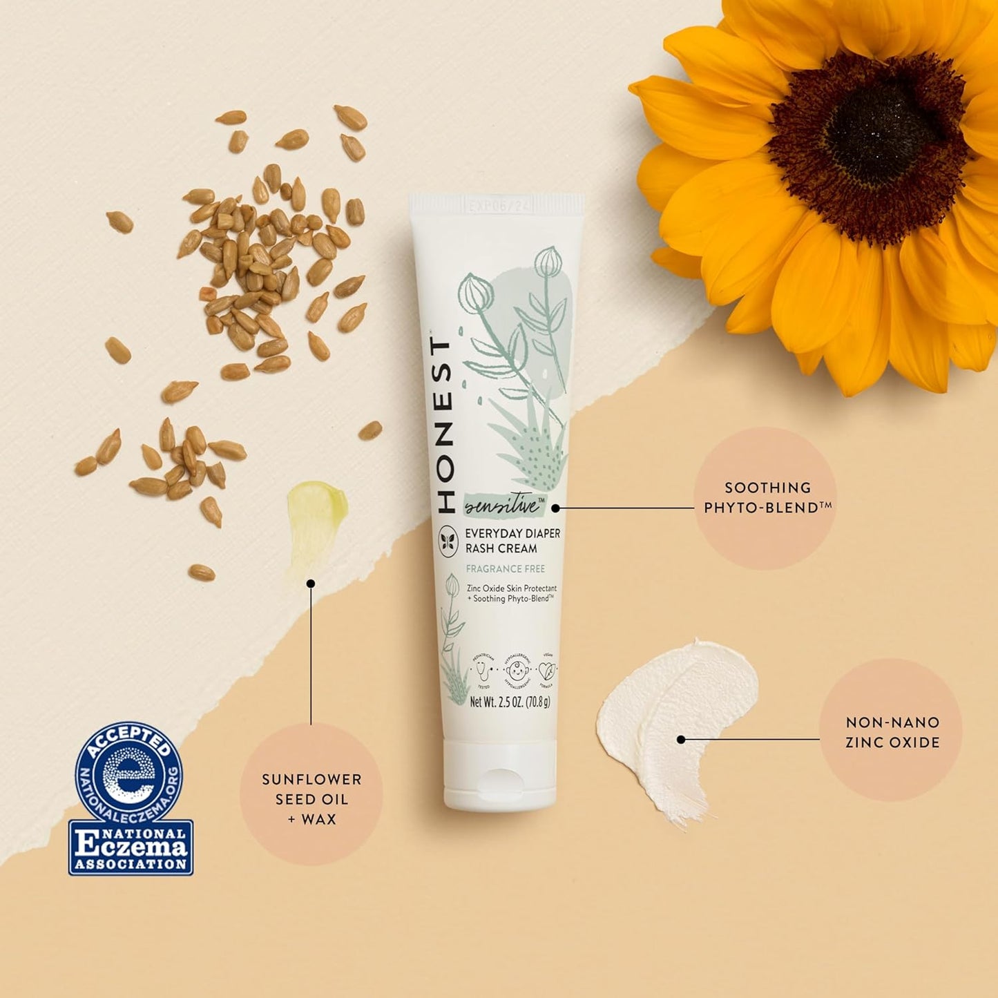 The Honest Company Hypoallergenic Diaper Rash Cream, Moisturizing, Calming Zinc Oxide Ointment, NEA Recognized Cruelty-Free, 2.5 Oz