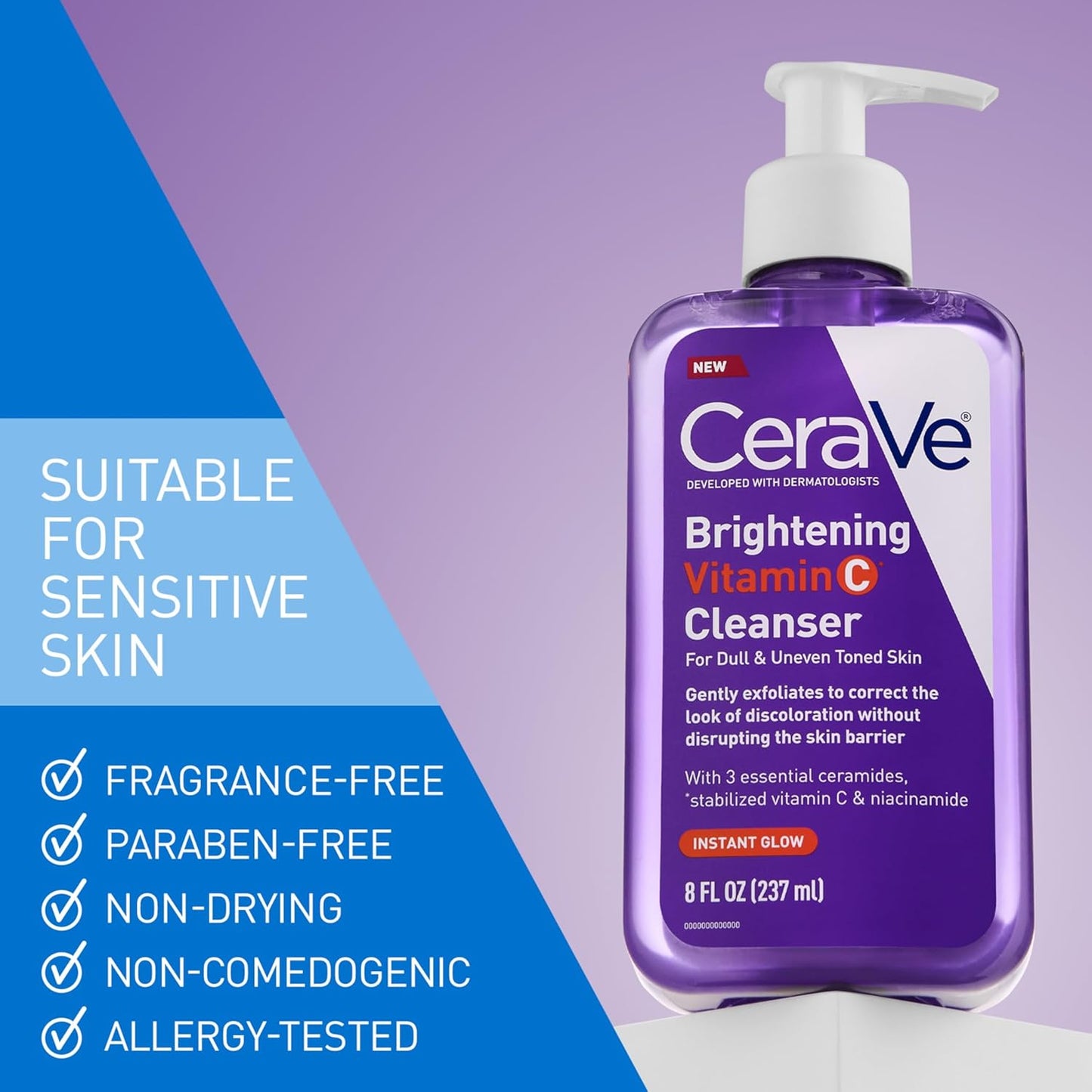 CeraVe Brightening Vitamin C Facial Cleanser for dull and uneven skin tone, 8 oz face wash, allergy-tested.