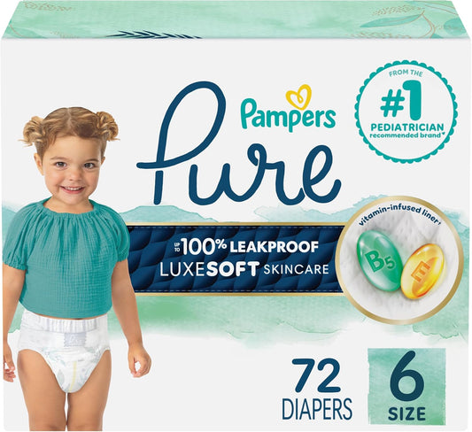 Pampers Pure Baby Diapers, Size 6 (35+ Lbs), 72, up to 100% Leakproof, Premium Hypoallergenic Soft Diapers