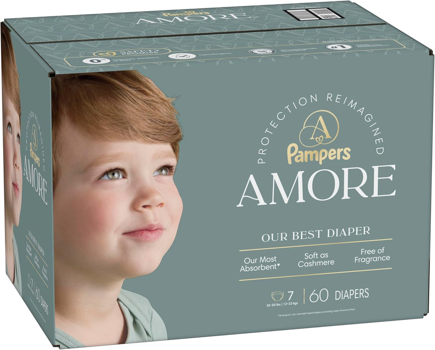 Pampers Amore, Size 7 (26-50 Lbs), 60 Count, Our Best Diaper – Hypoallergenic & Fragrance Free, up to 100% Leakproof, Soft as Cashmere