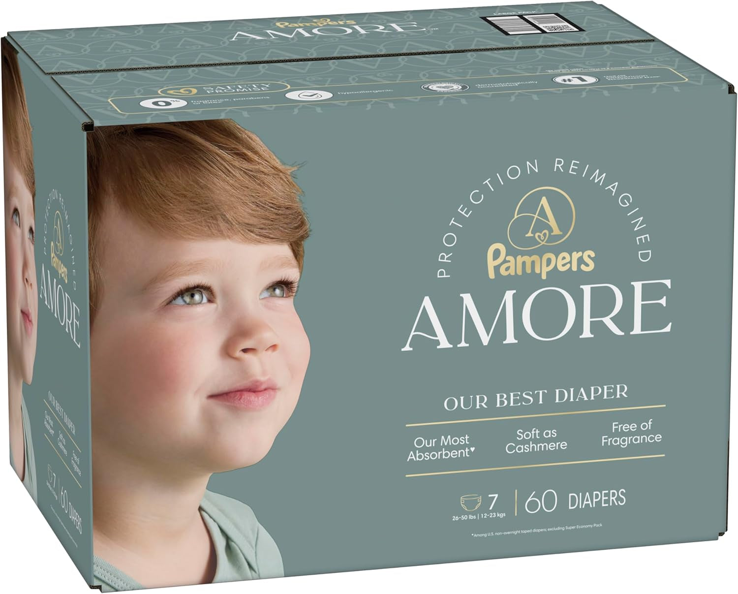 Pampers Amore, Size 7 (26-50 Lbs), 60 Count, Our Best Diaper – Hypoallergenic & Fragrance Free, up to 100% Leakproof, Soft as Cashmere