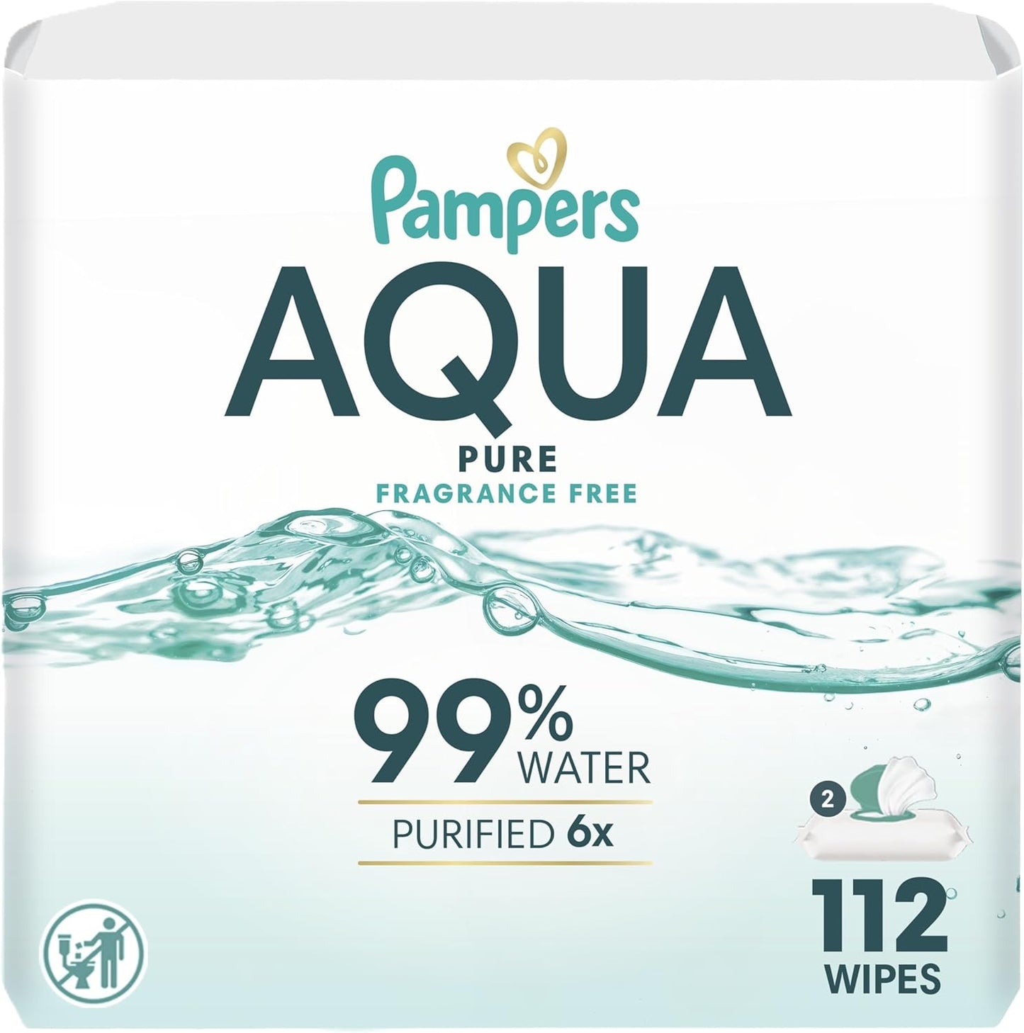 Pampers Aqua Pure Baby Wipes, 99% Water, Fragrance Free, Unscented, Water Based, Multi-Use, 112 Wipes Total (2X Flip-Top Packs) [Packaging May Vary]