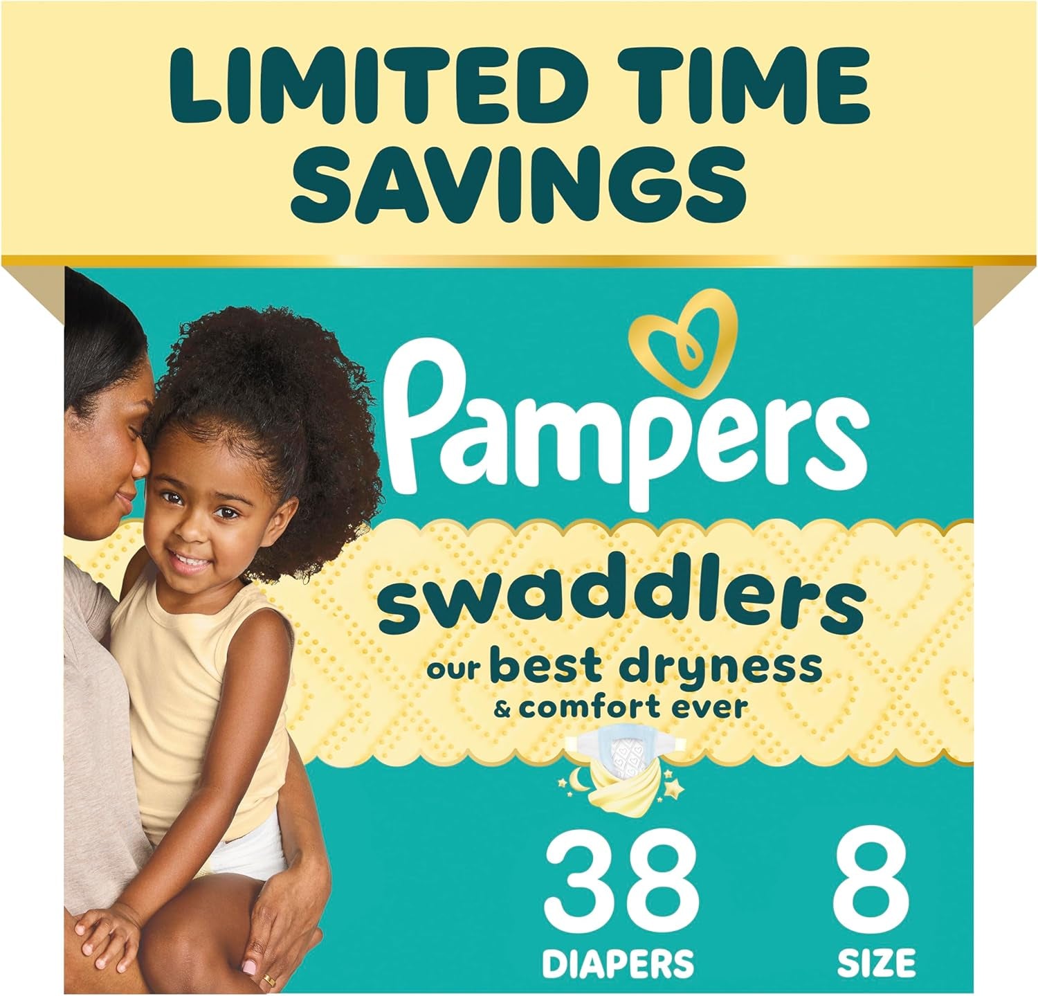 Pampers Swaddlers Diapers, Size 8 (30+ Lbs), 38 Count, Absorbent, Keeps Baby Dry and Comfortable, Skin Safe Disposable Baby Diaper (Packaging May Vary)