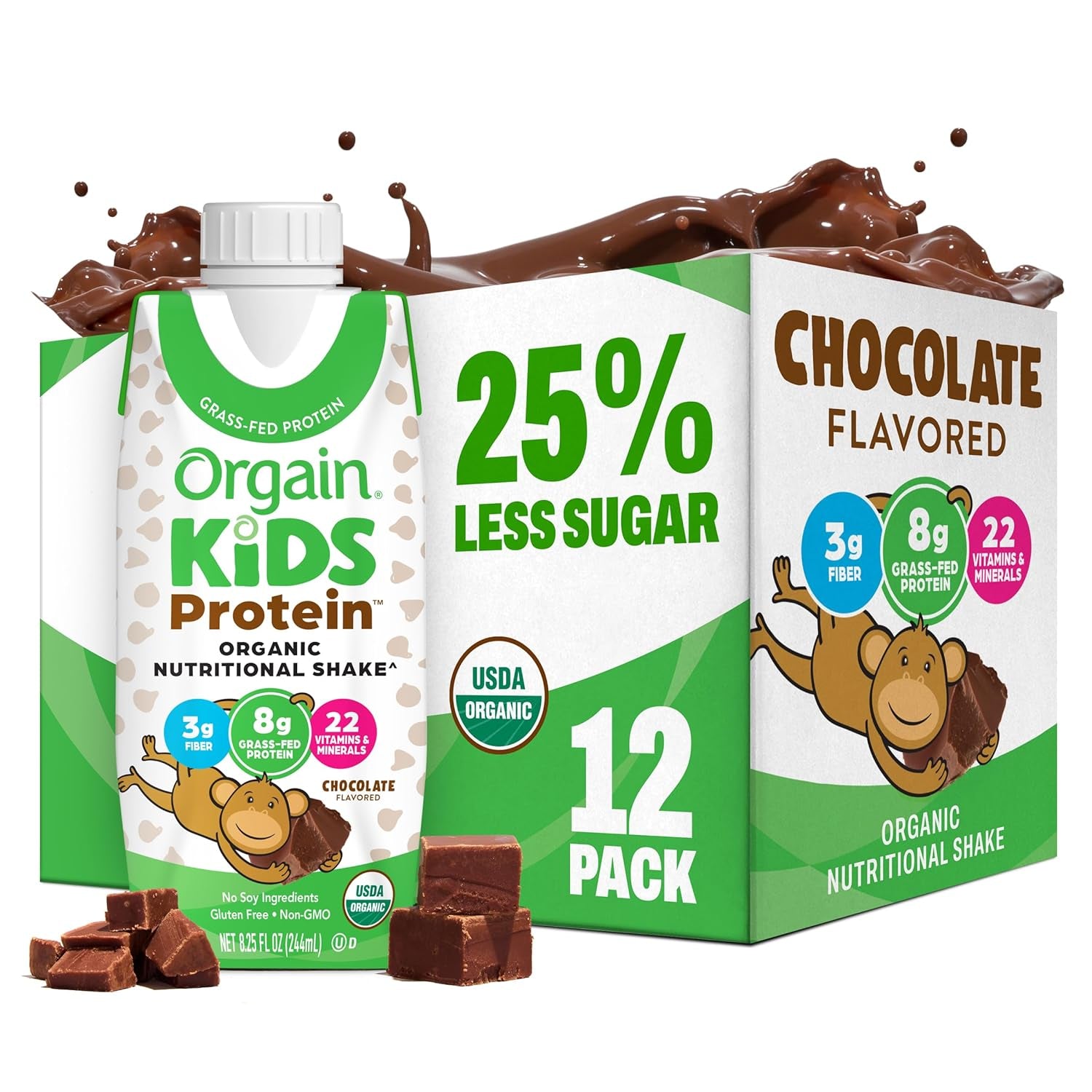 Orgain Organic Kids Nutritional Protein Shake, Strawberry, Healthy Kids Snacks, 8G Dairy Protein, 3G of Fiber, 22 Vitamins & Minerals, No Soy Ingredients, Gluten Free, Non-Gmo, 8.25 Fl Oz (Pack of 12)