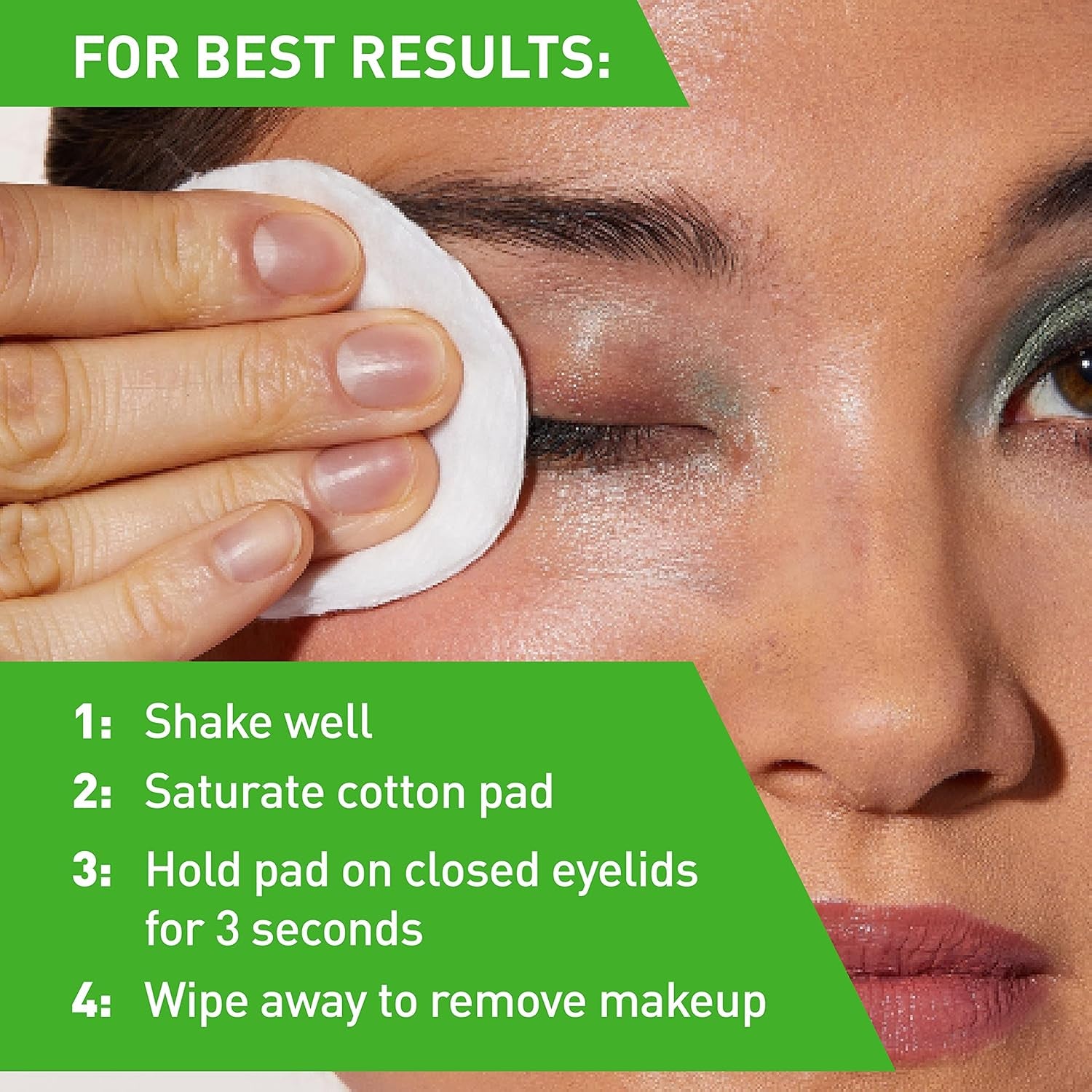 Directions for using waterproof eye makeup remover, demonstrating steps for effective makeup removal.