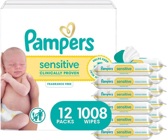 Pampers Sensitive Baby Wipes, Water Based, Clinically Proven, Hypoallergenic, and Unscented for Babies, 1008 Wipes Total (12 Flip-Top Packs) [Packaging May Vary]