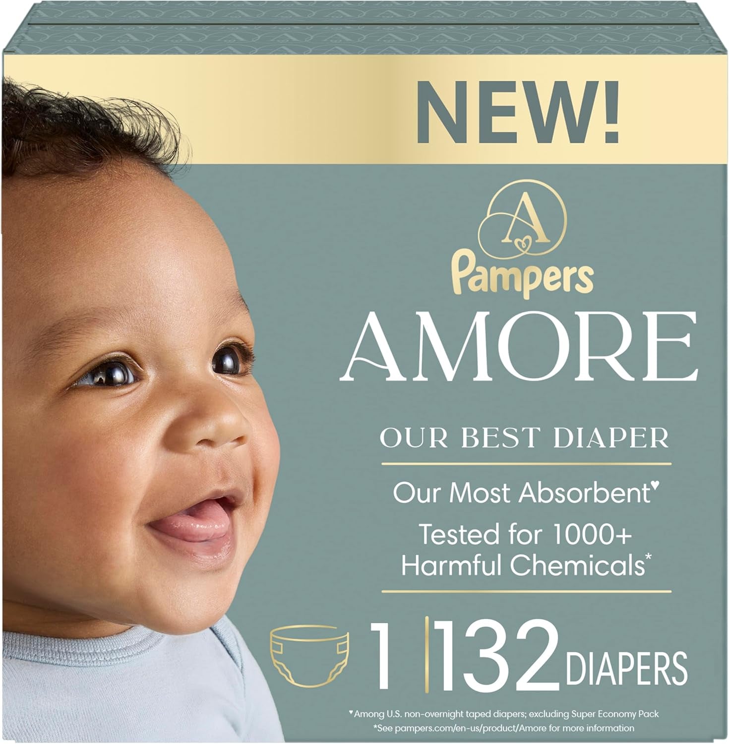 Pampers Amore, Size 1 (8-14 Lbs), 132 Count, Our Best Diaper – Hypoallergenic & Fragrance Free, up to 100% Leakproof, Soft as Cashmere