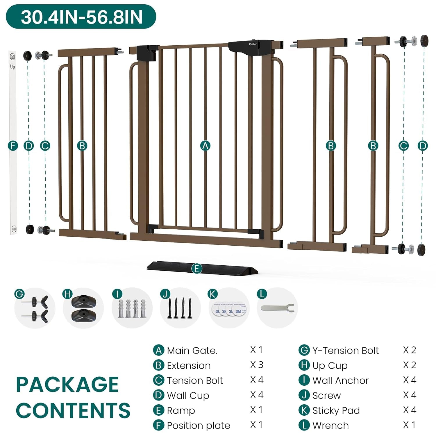 Cumbor 30.4-56.8" Extra Wide Baby Gate for Stairs, Dual Lock & Self-Closing Dog Gate Indoor, Easy Install Pet Gate for Doorways & Wide Openings, Easy Walk Thru Safety Proofing for Babies & Pets, Brown