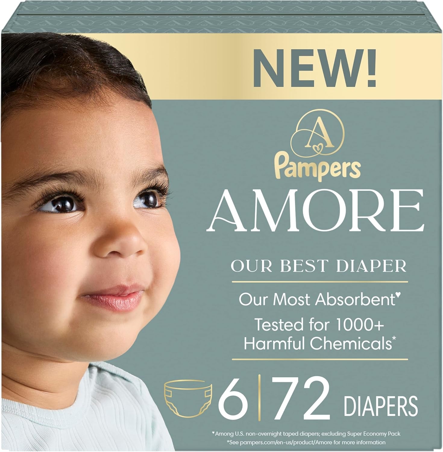 Pampers Amore, Size 6 (23-44 Lbs), 72 Count, Our Best Diaper – Hypoallergenic & Fragrance Free, up to 100% Leakproof, Soft as Cashmere