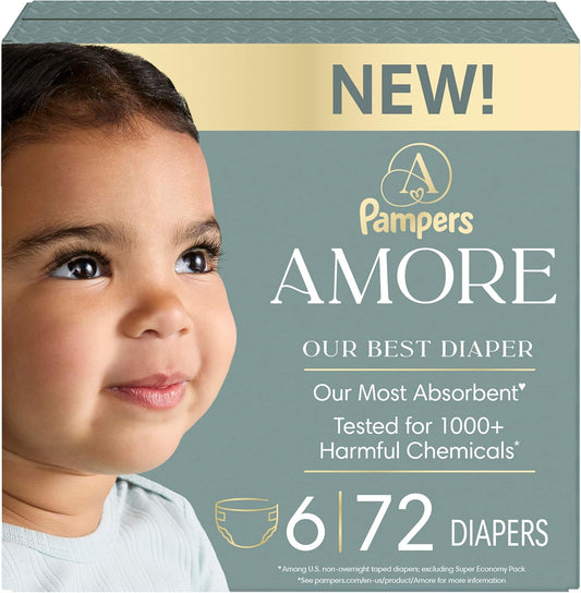 Pampers Amore, Size 6 (23-44 Lbs), 72 Count, Our Best Diaper – Hypoallergenic & Fragrance Free, up to 100% Leakproof, Soft as Cashmere