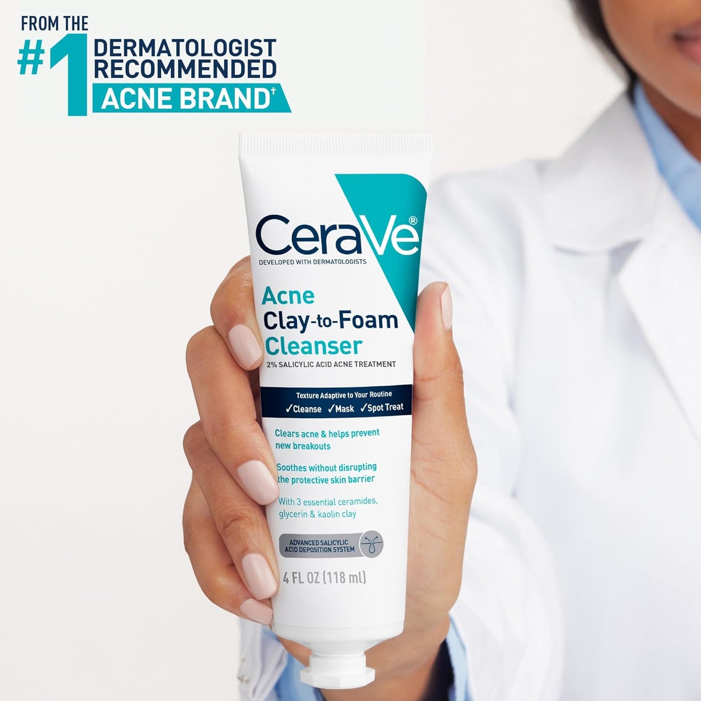 CeraVe Clay To Foam Acne Face Wash Salicylic Acid Acne Face Wash 4oz tube held by person in lab coat.