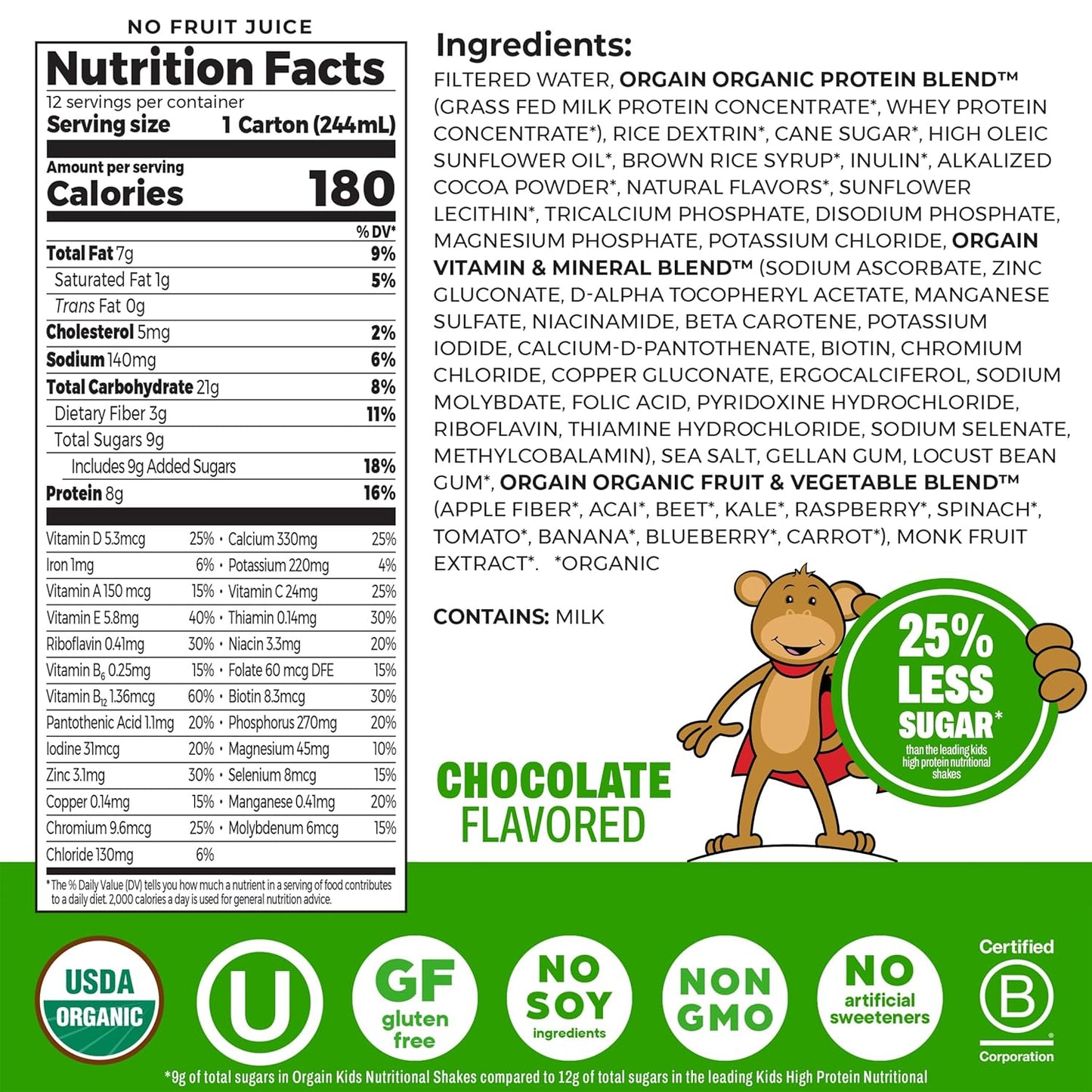 Orgain Organic Kids Nutritional Protein Shake, Chocolate, Healthy Kids Snacks, 8G Dairy Protein, 3G Fiber, 22 Vitamins & Minerals, No Soy Ingredients, Gluten Free, Non-Gmo, 8.25 Fl Oz (Pack of 12)