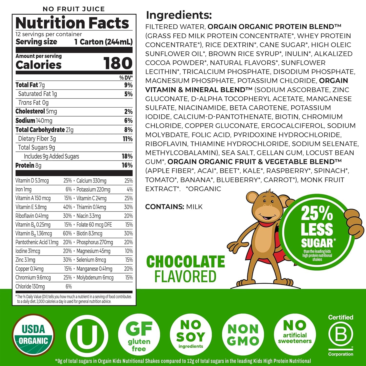 Orgain Organic Kids Nutritional Protein Shake, Strawberry, Healthy Kids Snacks, 8G Dairy Protein, 3G of Fiber, 22 Vitamins & Minerals, No Soy Ingredients, Gluten Free, Non-Gmo, 8.25 Fl Oz (Pack of 12)