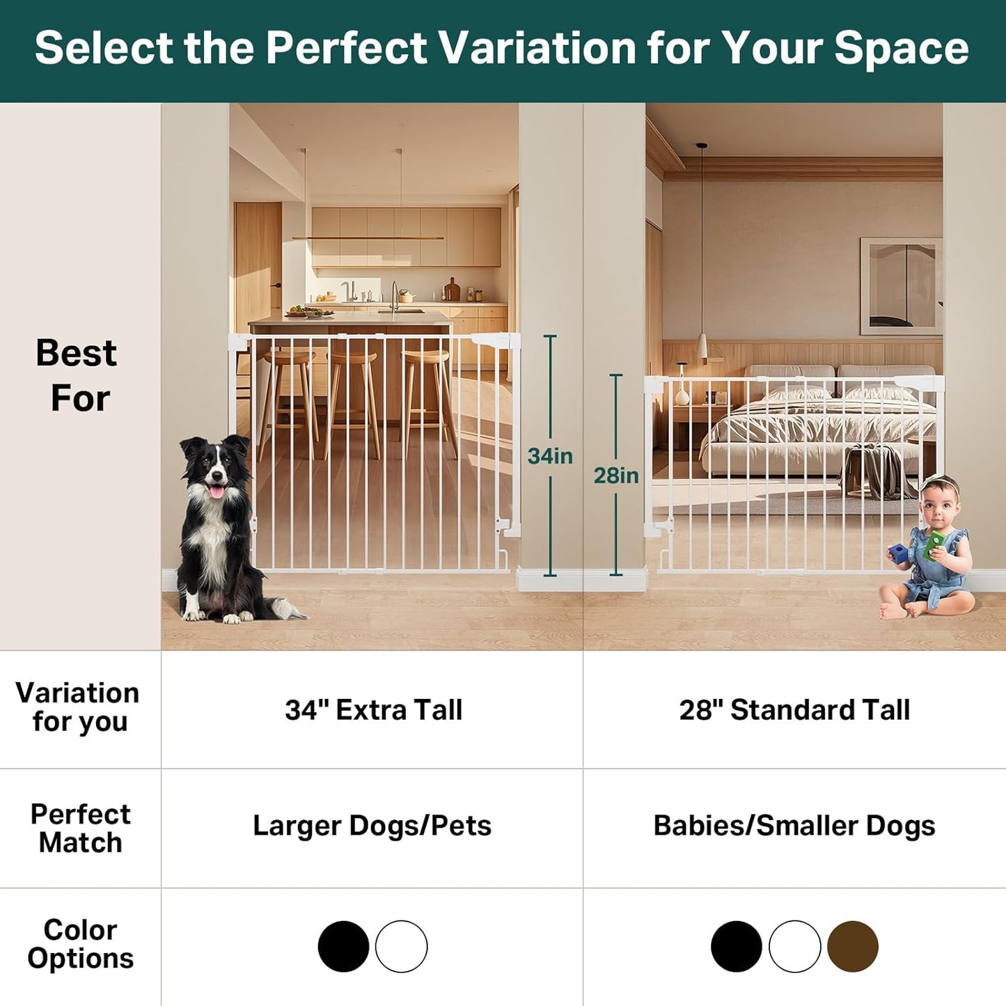 Cumbor 34" Extra Tall No Bottom Bar Baby Gate for Stairs, Hardware Mounted Dog Gate Indoor for Larger Pets, Expandable 29.2-43" Safety Gate for Doorways, Wide Walk Thru Door for Easy Access (White)