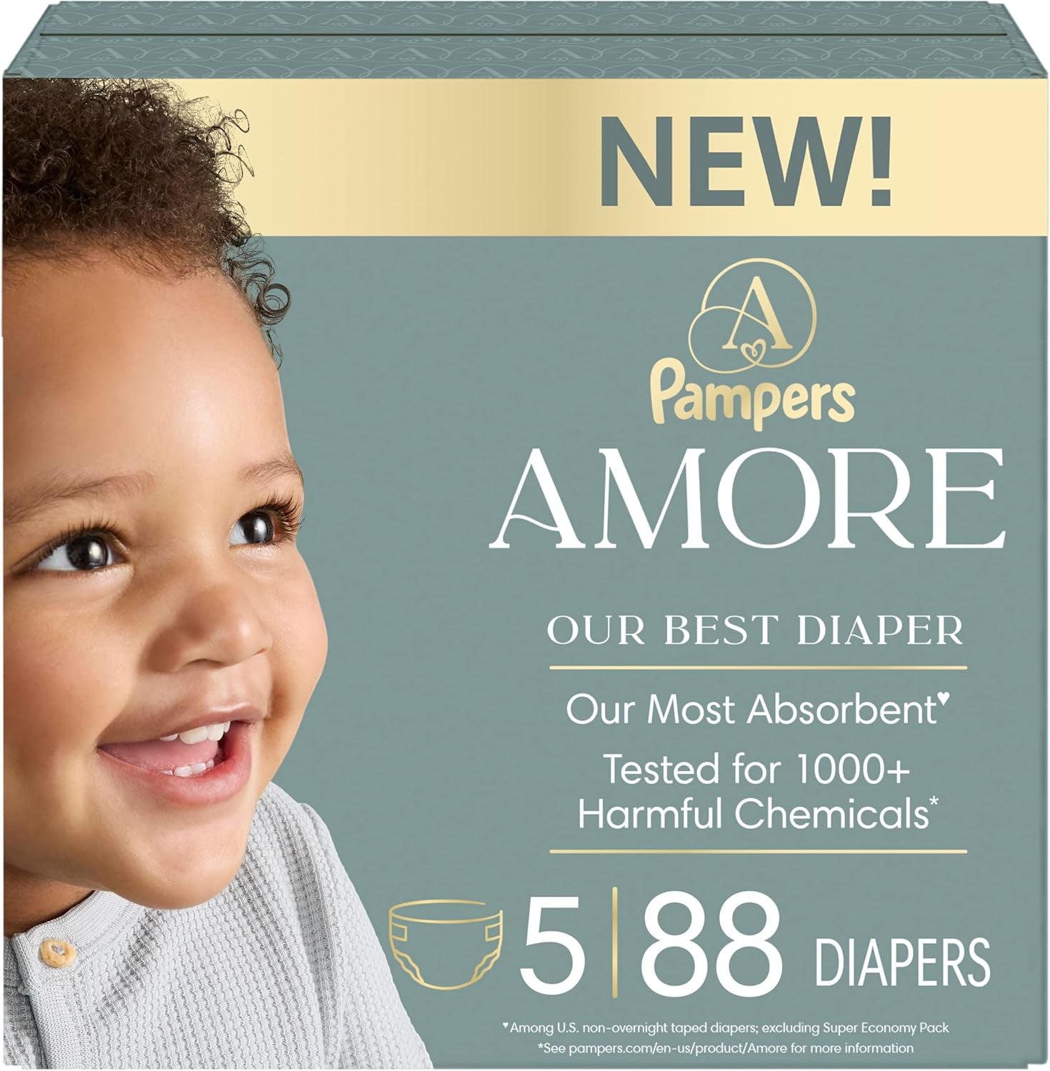 Pampers Amore, Size 5 (20-37 Lbs), 88 Count, Our Best Diaper – Hypoallergenic & Fragrance Free, up to 100% Leakproof, Soft as Cashmere