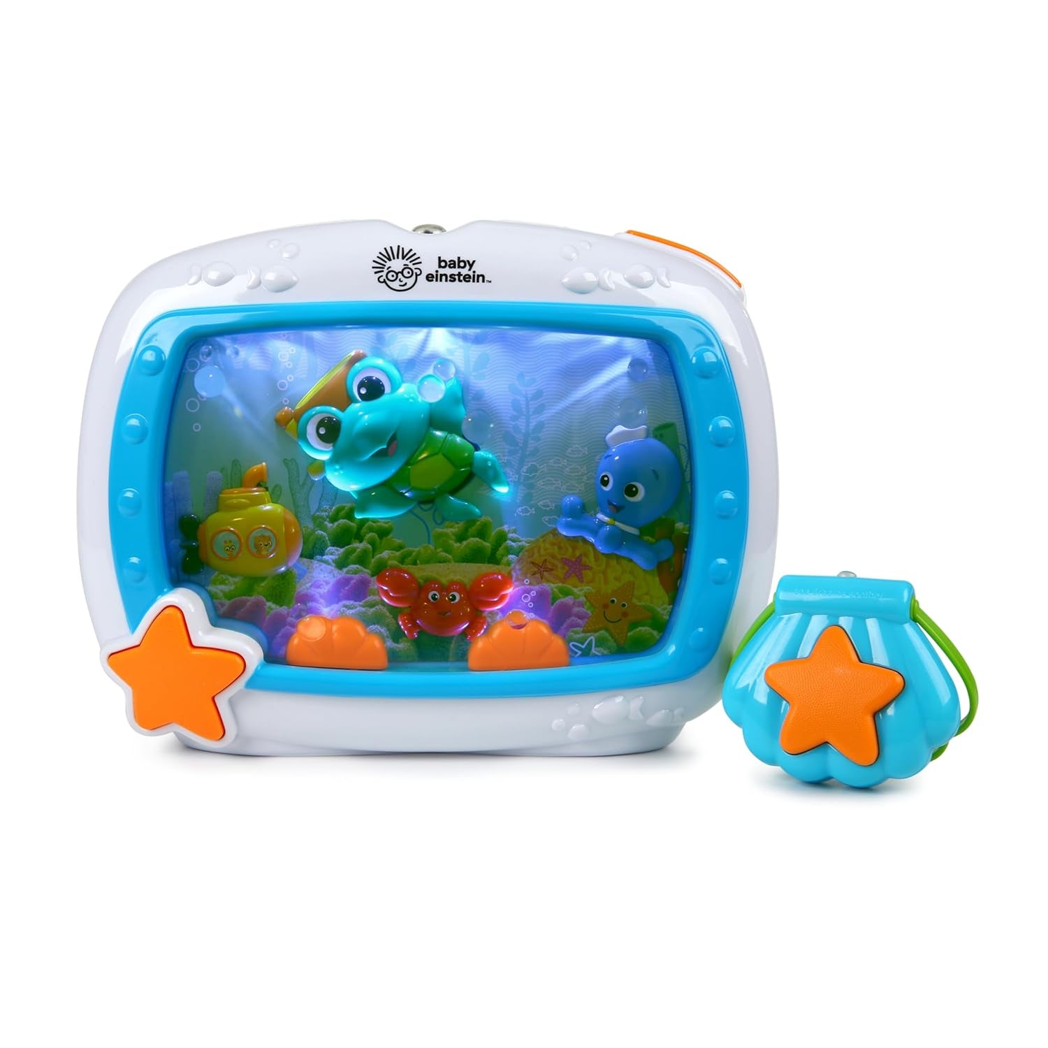 Baby Einstein musical crib toy featuring colorful sea creatures in a soothing light display for infants.