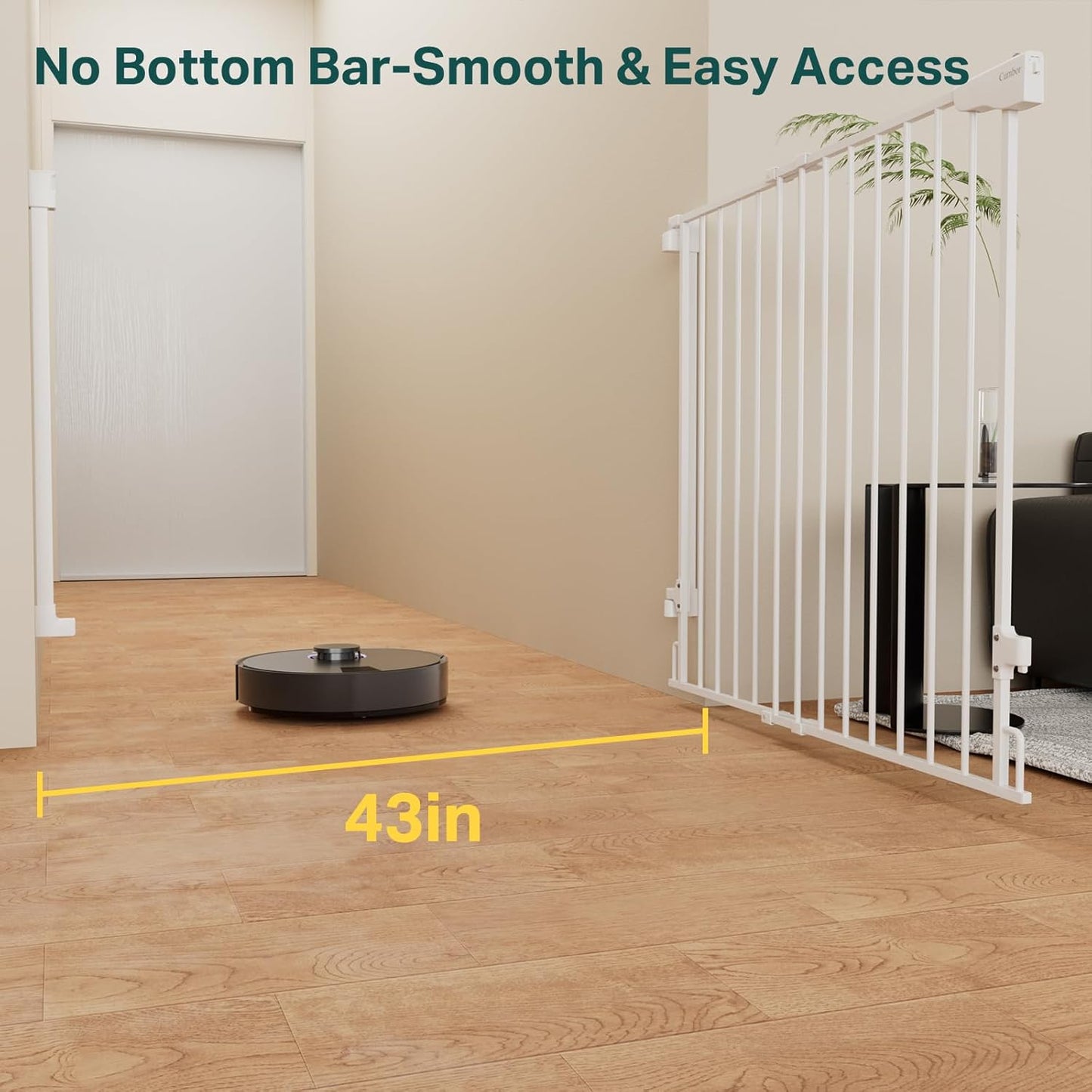 Cumbor 34" Extra Tall No Bottom Bar Baby Gate for Stairs, Hardware Mounted Dog Gate Indoor for Larger Pets, Expandable 29.2-43" Safety Gate for Doorways, Wide Walk Thru Door for Easy Access (White)